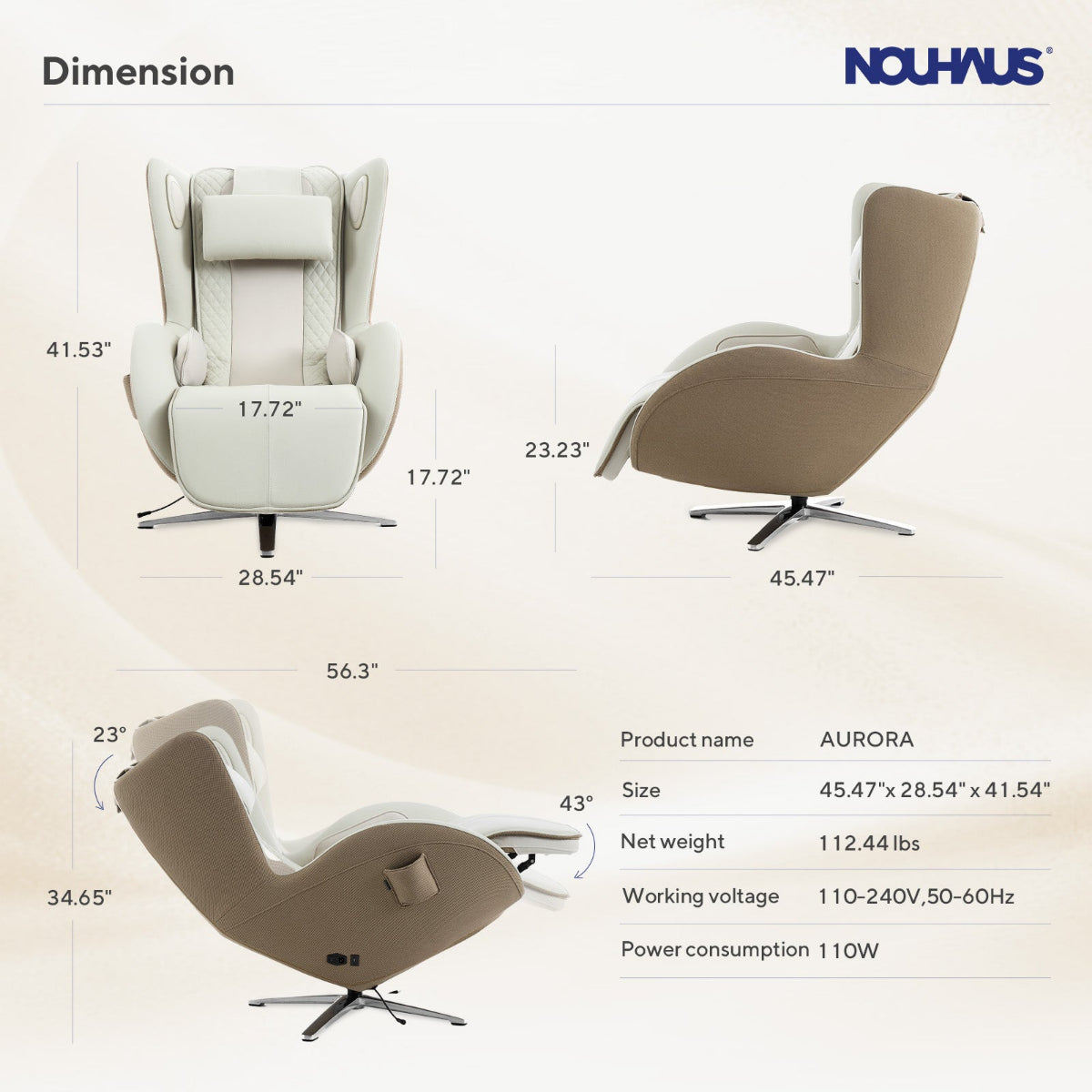 Nouhaus Aurora zero gravity massage chair in Elder White, dimensions and measurements diagram