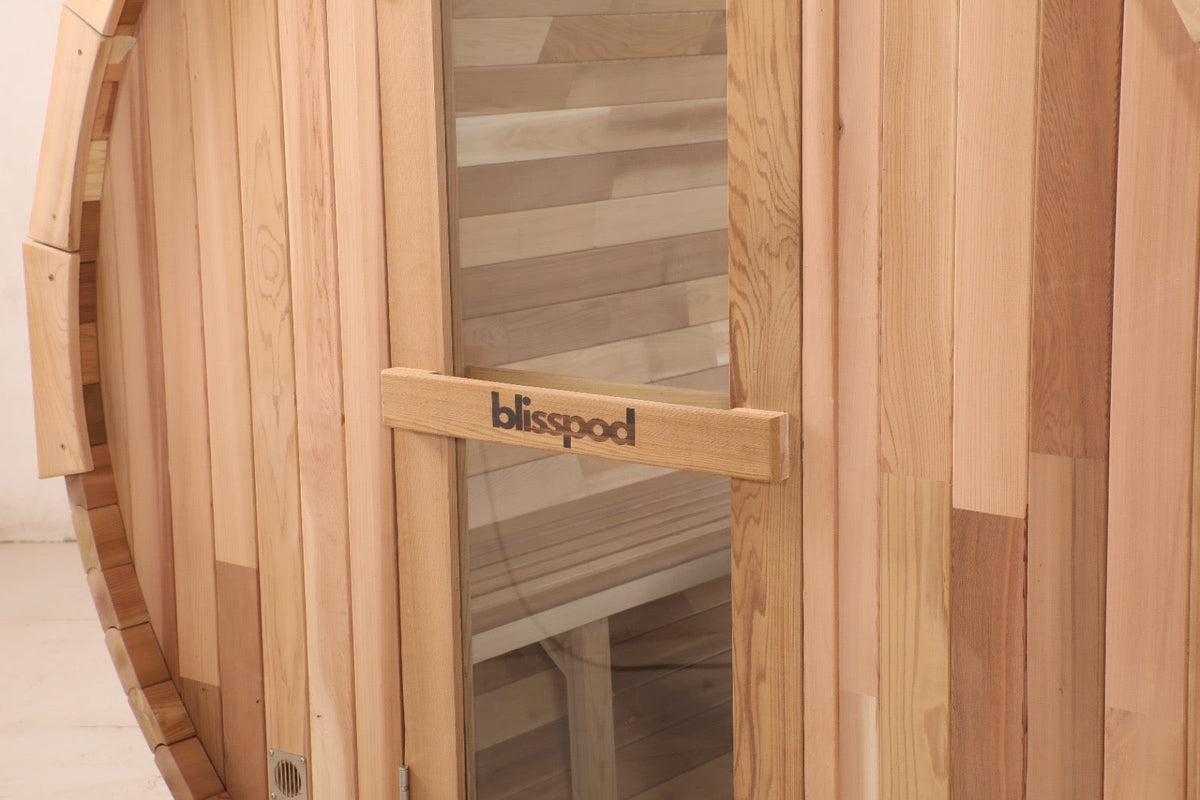 Blisspod Prague 2-6 Person Cedar Outdoor Barrel Sauna with Glass Back and Porch