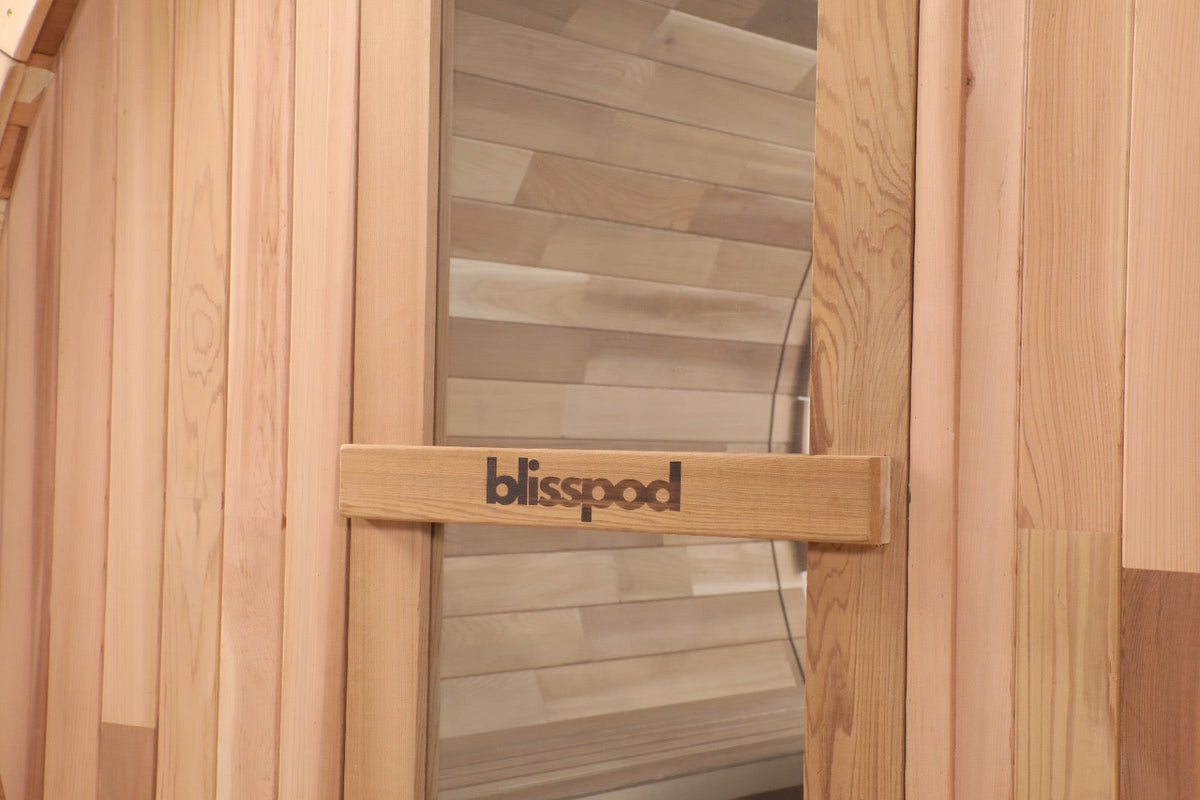 Blisspod Prague 2-6 Person Cedar Outdoor Barrel Sauna with Glass Back and Porch