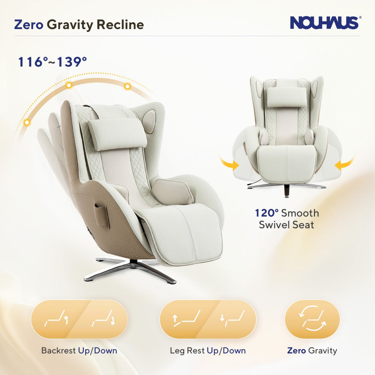 Nouhaus Aurora zero gravity massage chair in Elder White, Zero Gravity Recline diagram
