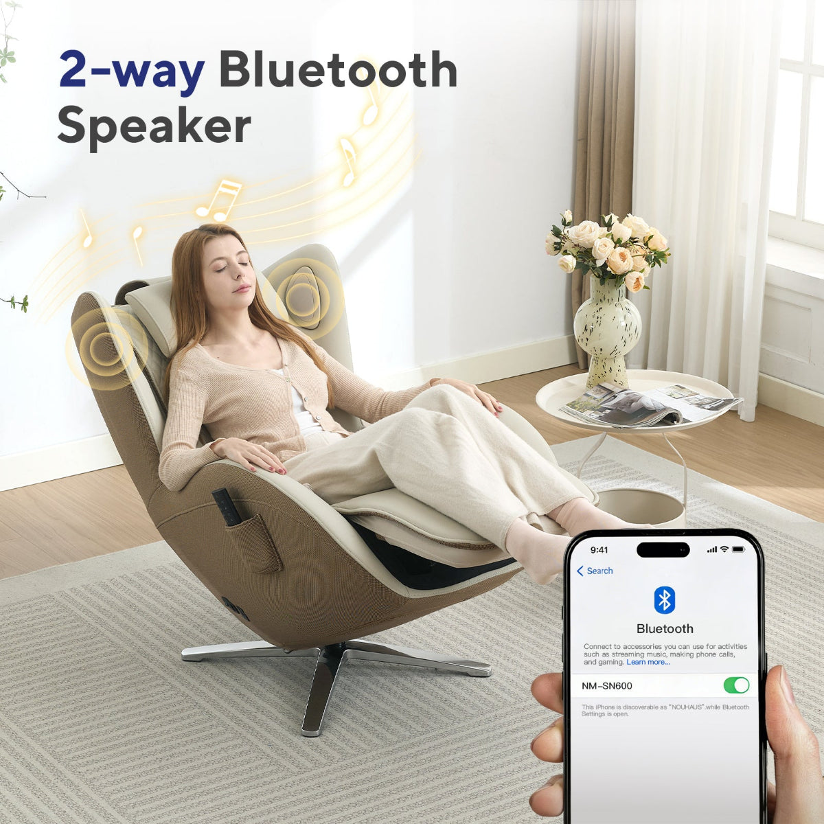 Nouhaus Aurora zero gravity massage chair in Elder White, Bluetooth functionality diagram