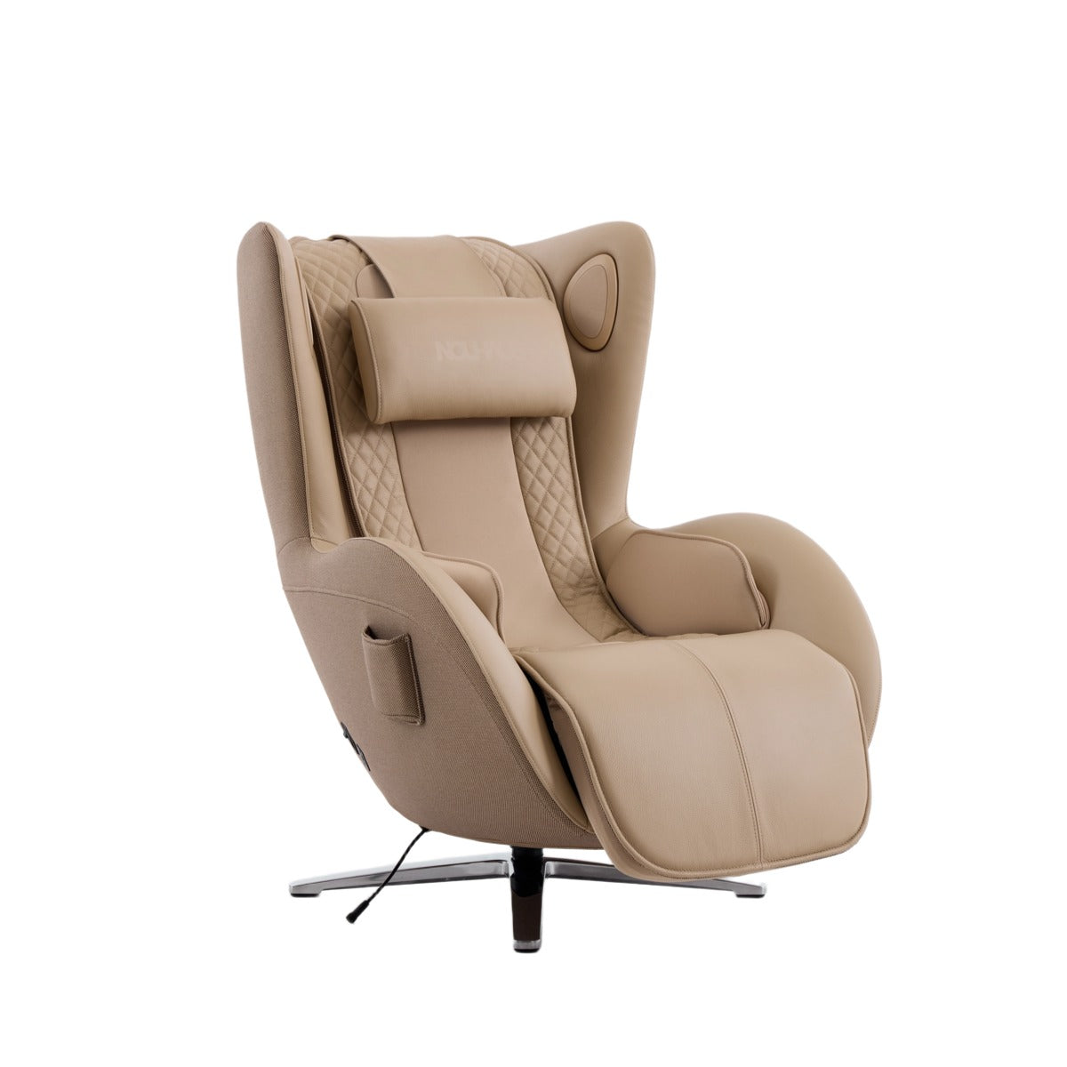Nouhaus Aurora zero gravity massage chair in Mellow Sand, front three-quarter view on white background