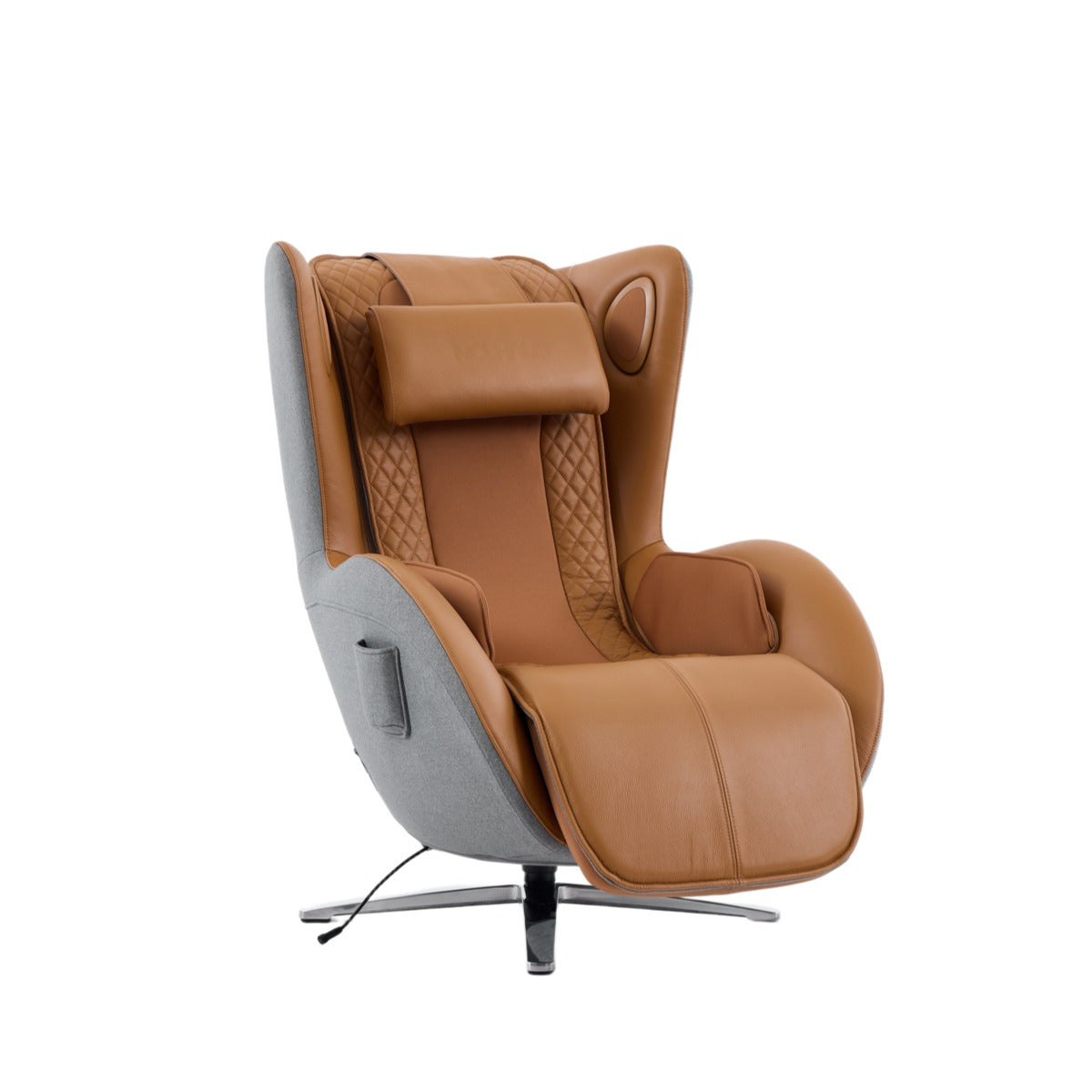 Nouhaus Aurora zero gravity massage chair in Caramel, front three-quarter view on white background