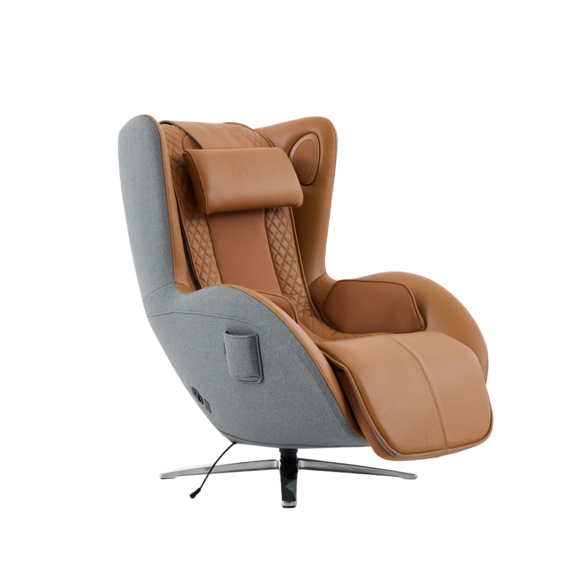 Nouhaus Aurora zero gravity massage chair in Caramel, front three-quarter view on white background