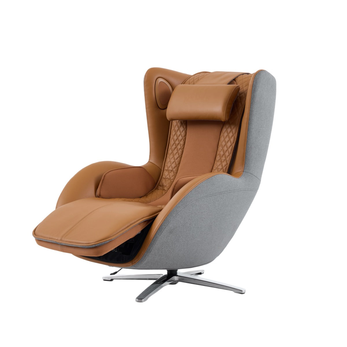 Nouhaus Aurora zero gravity massage chair in Caramel, front three-quarter view showing Zero Gravity Recline