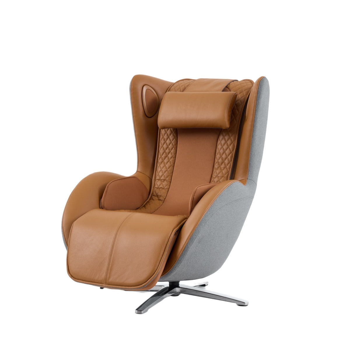 Nouhaus Aurora zero gravity massage chair in Caramel, front three-quarter view on white background