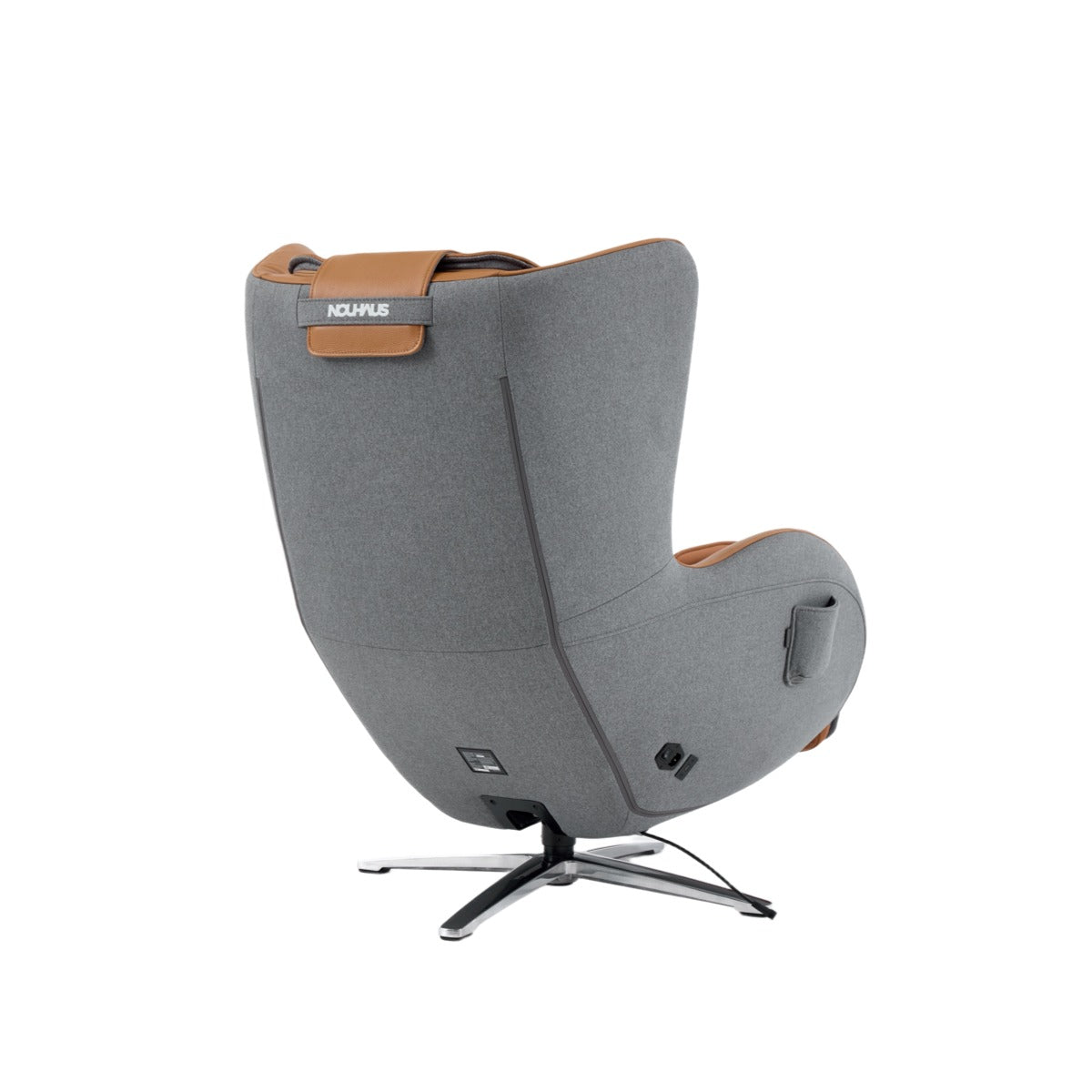 Nouhaus Aurora zero gravity massage chair in Caramel, back three-quarter view on white background
