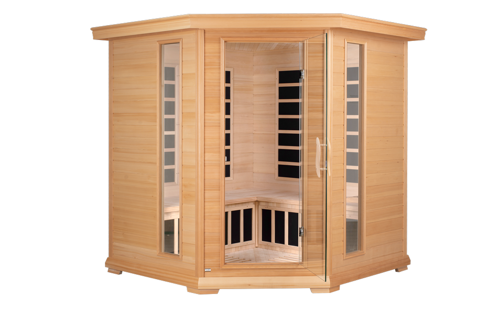 Blisspod Vienna corner far infrared sauna, product view on a plain background