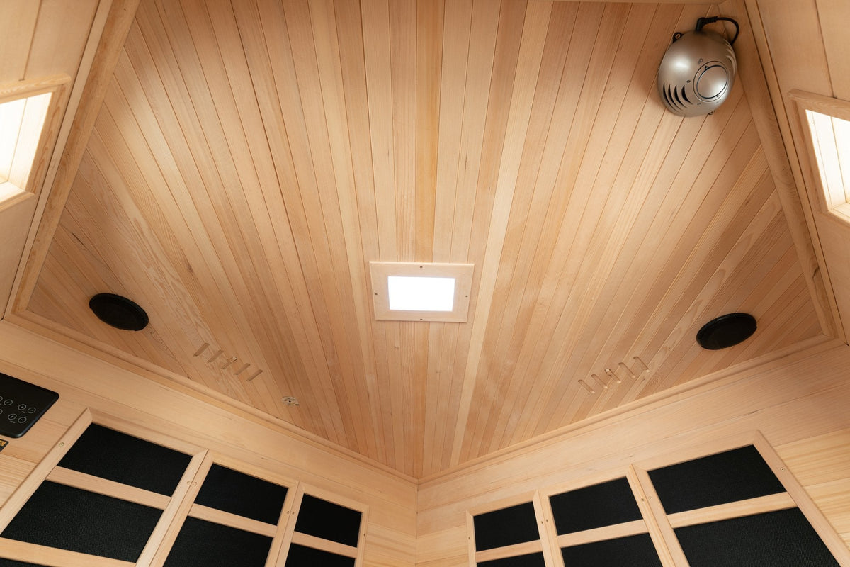 Blisspod Vienna corner sauna, view of wooden ceiling with embedded lights and speakers.