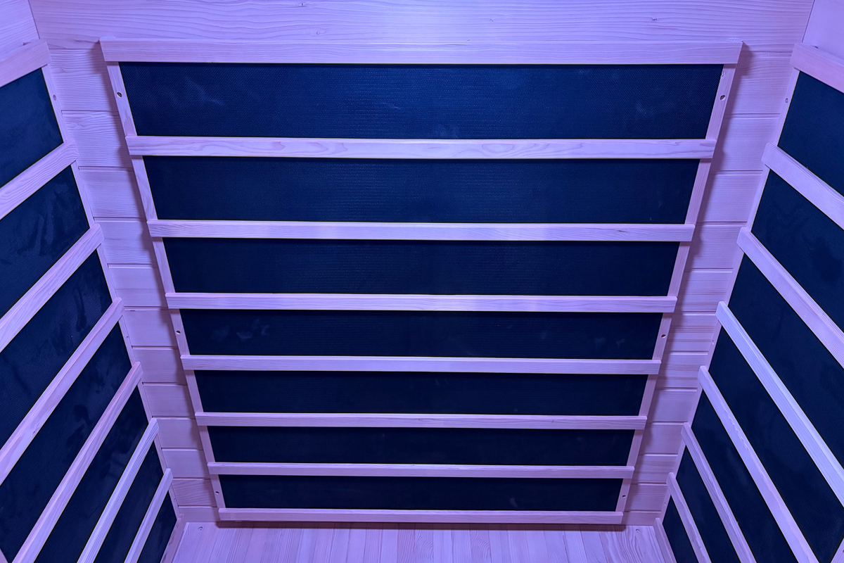 Blisspod Malmo sauna, interior view of the bench and heaters