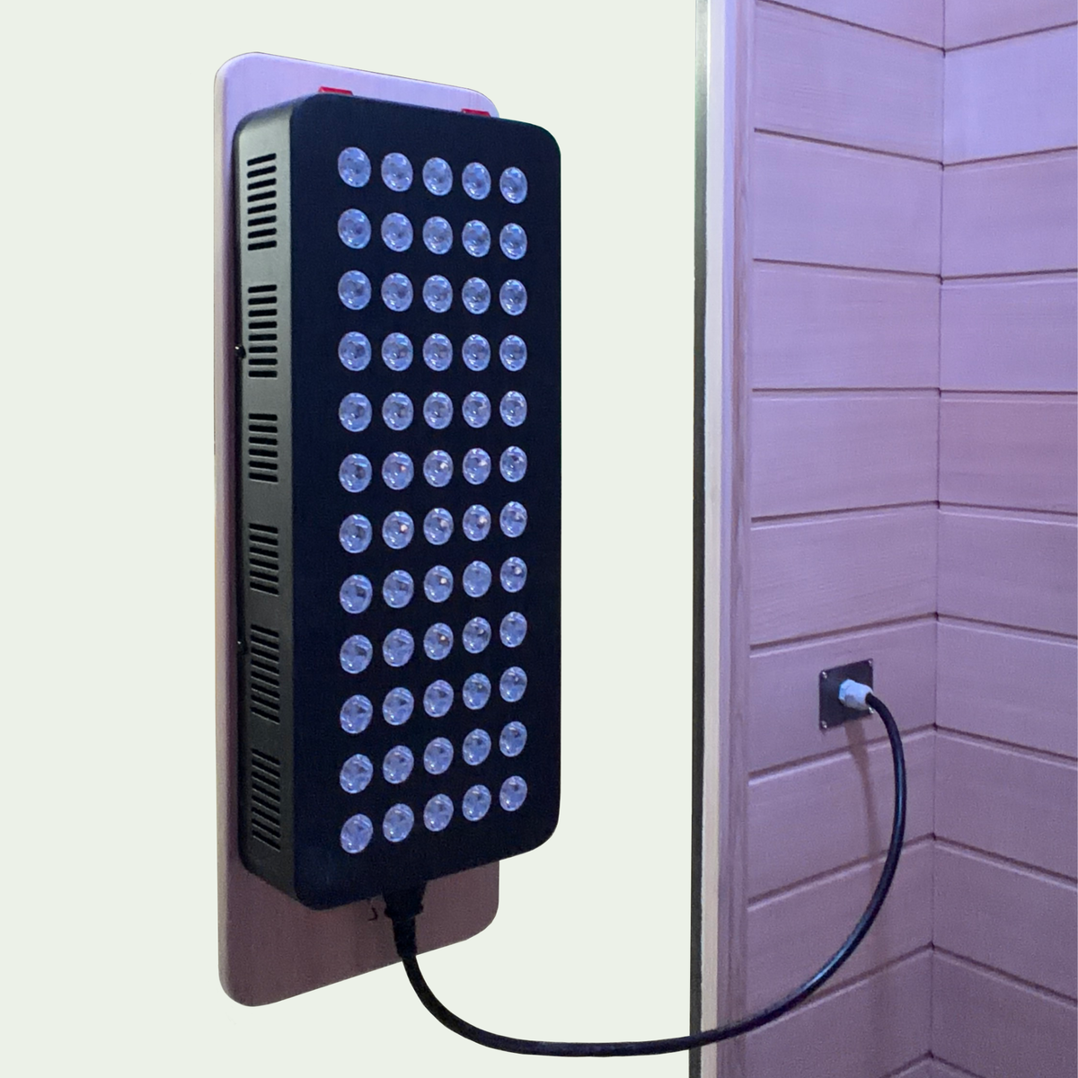 Blisspod Malmo sauna, close-up of the front red light panel