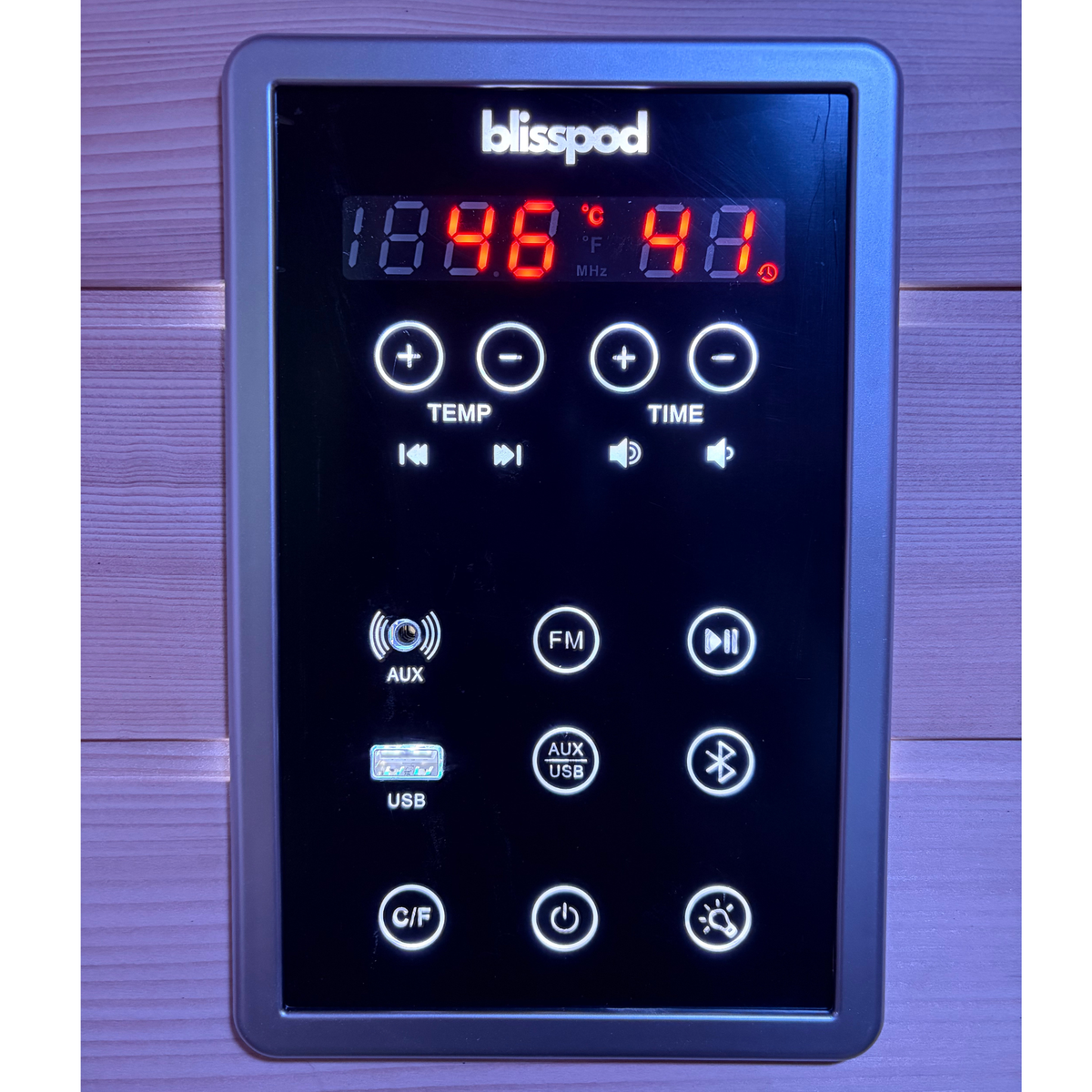 Blisspod Malmo sauna, close-up of the control panel