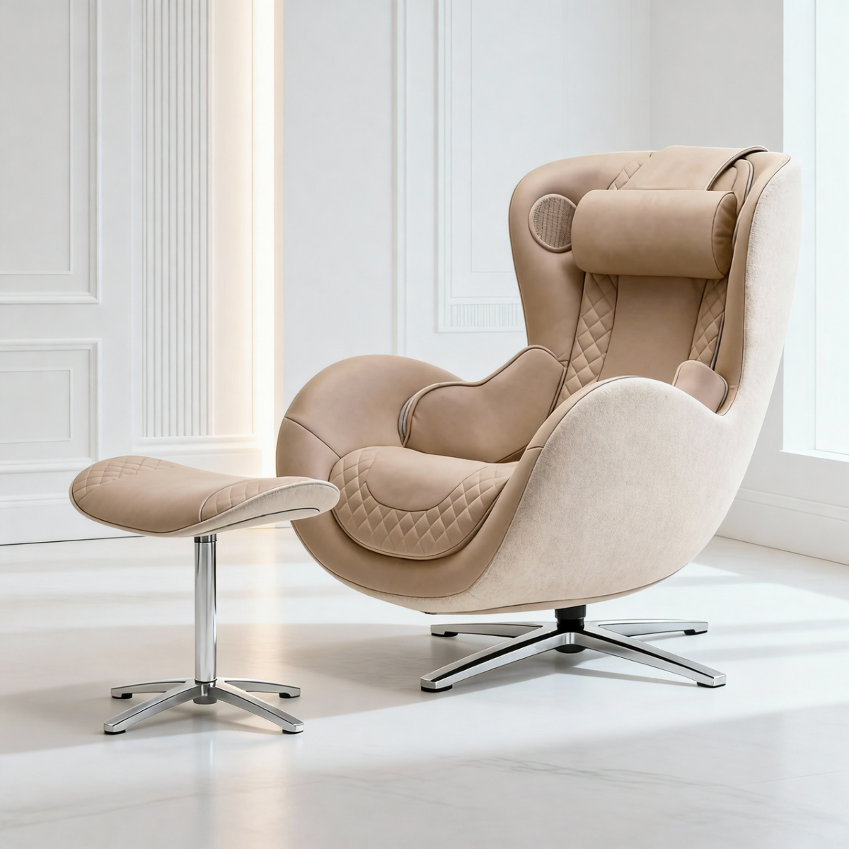Nouhaus New Classic massage chair in Mellow Sand, front three-quarter view