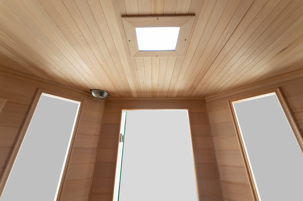 Blisspod Vienna corner sauna, close-up of the wood paneling and glass door
