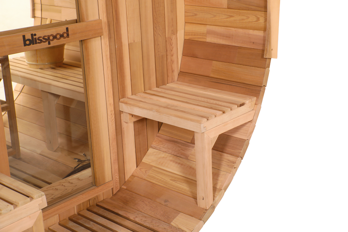 Blisspod Prague 2-6 Person Cedar Outdoor Barrel Sauna with Glass Back and Porch