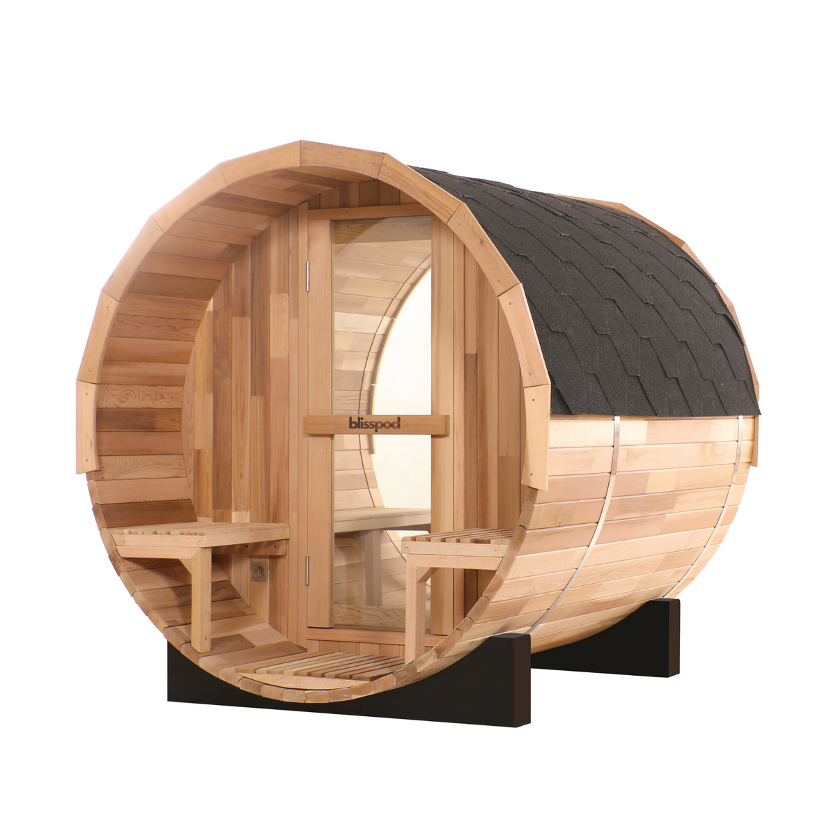 Blisspod Prague 2-6 Person Cedar Outdoor Barrel Sauna with Glass Back and Porch