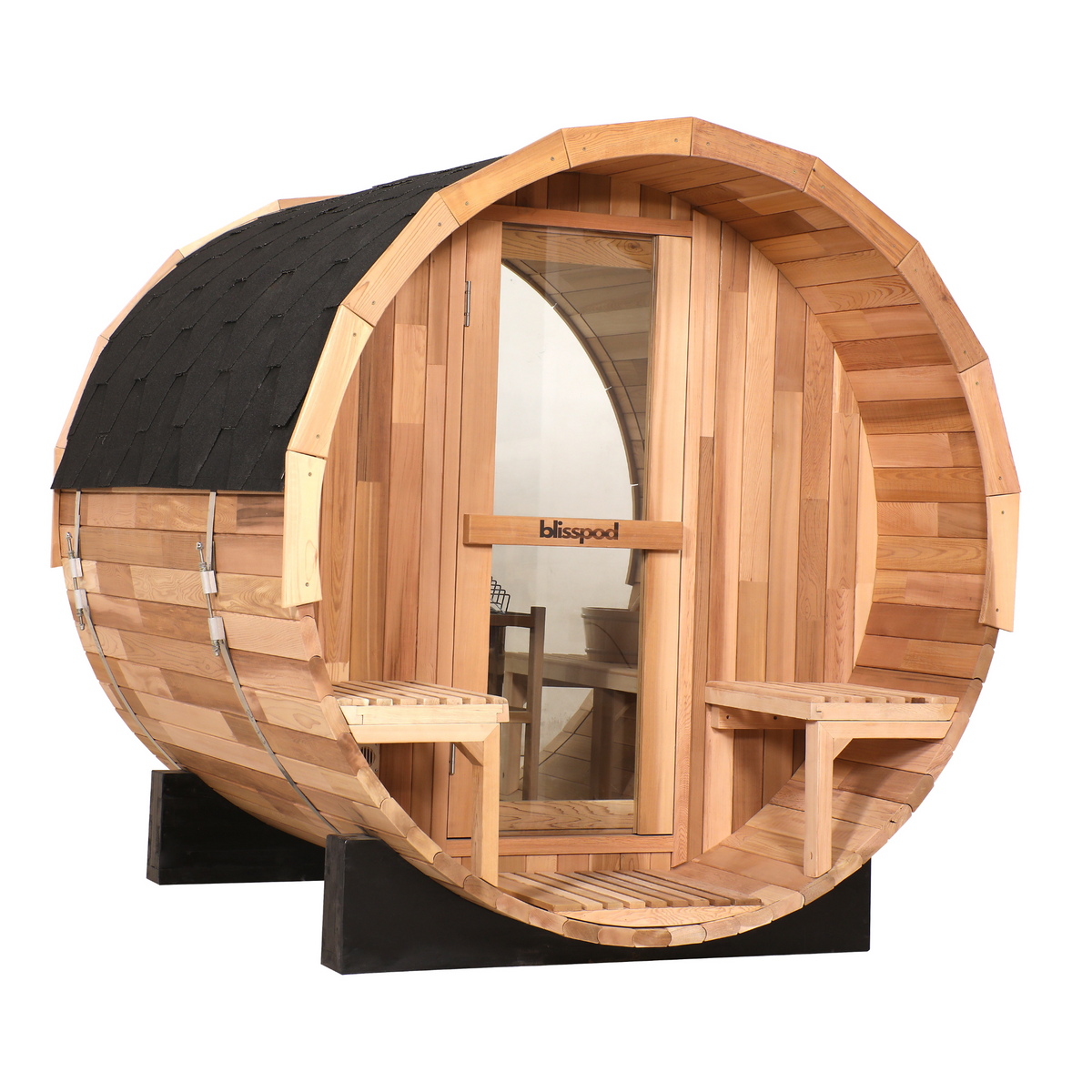 Blisspod Prague 2-6 Person Cedar Outdoor Barrel Sauna with Glass Back and Porch