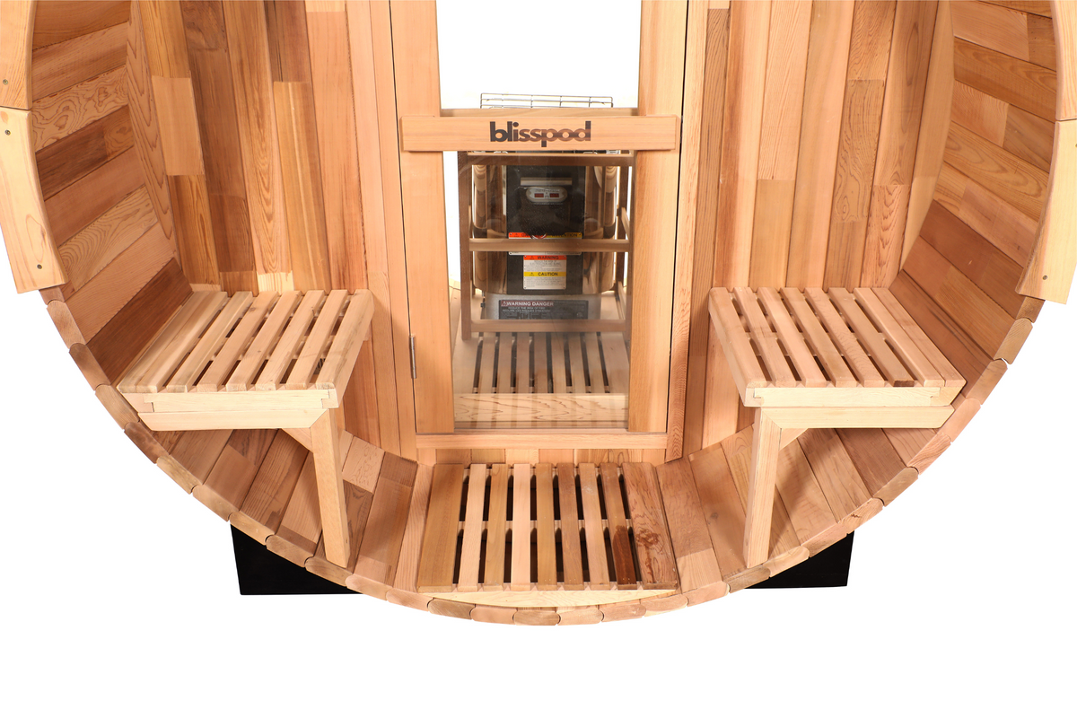 Blisspod Prague 2-6 Person Cedar Outdoor Barrel Sauna with Glass Back and Porch