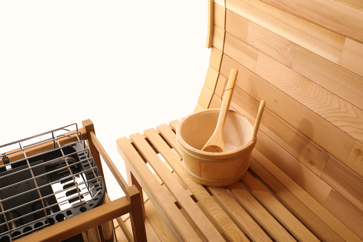Blisspod Prague 2-6 Person Cedar Outdoor Barrel Sauna with Glass Back and Porch