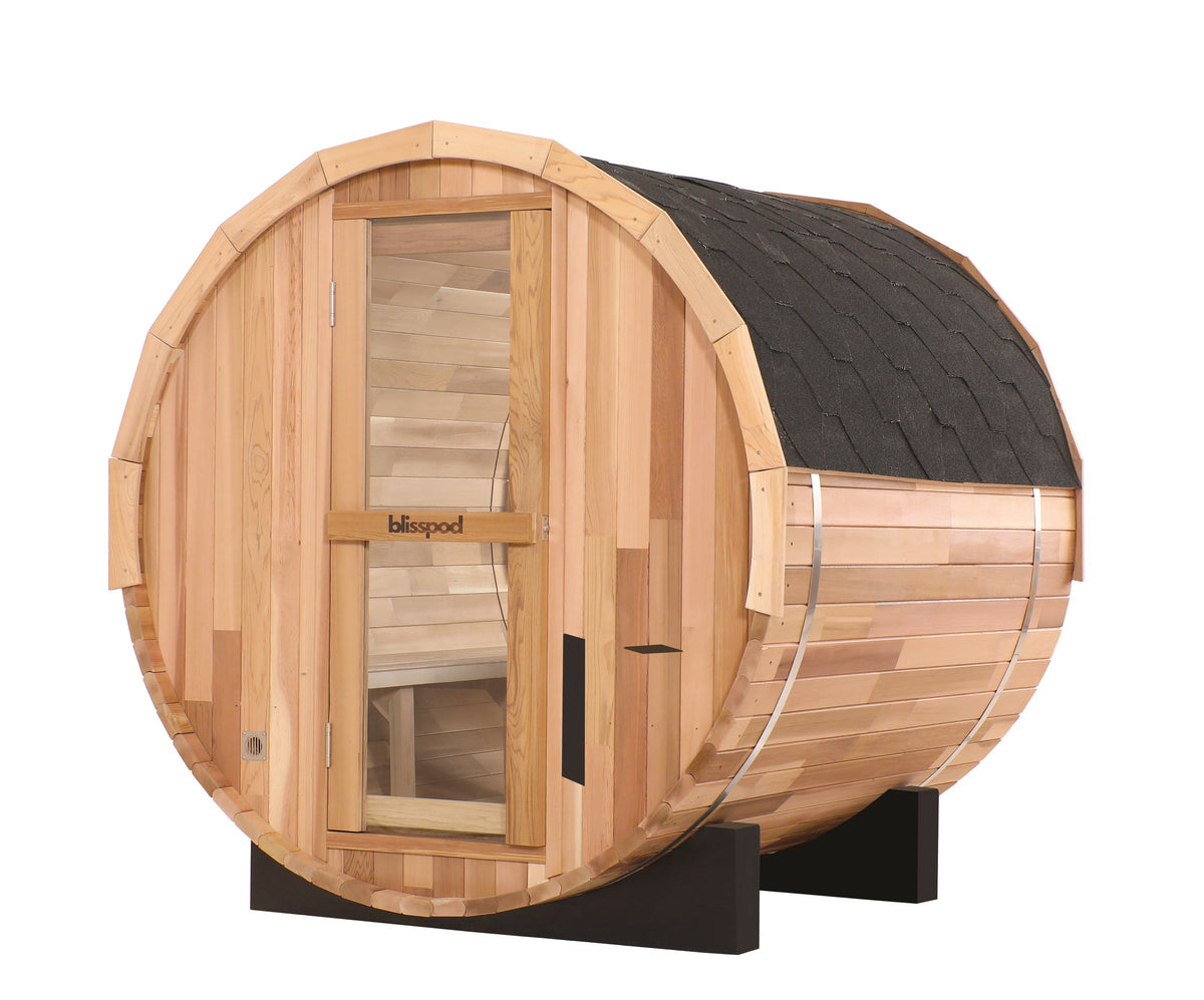 Blisspod Prague 4-6 Person Cedar Glass-Back Outdoor Steam Barrel Sauna