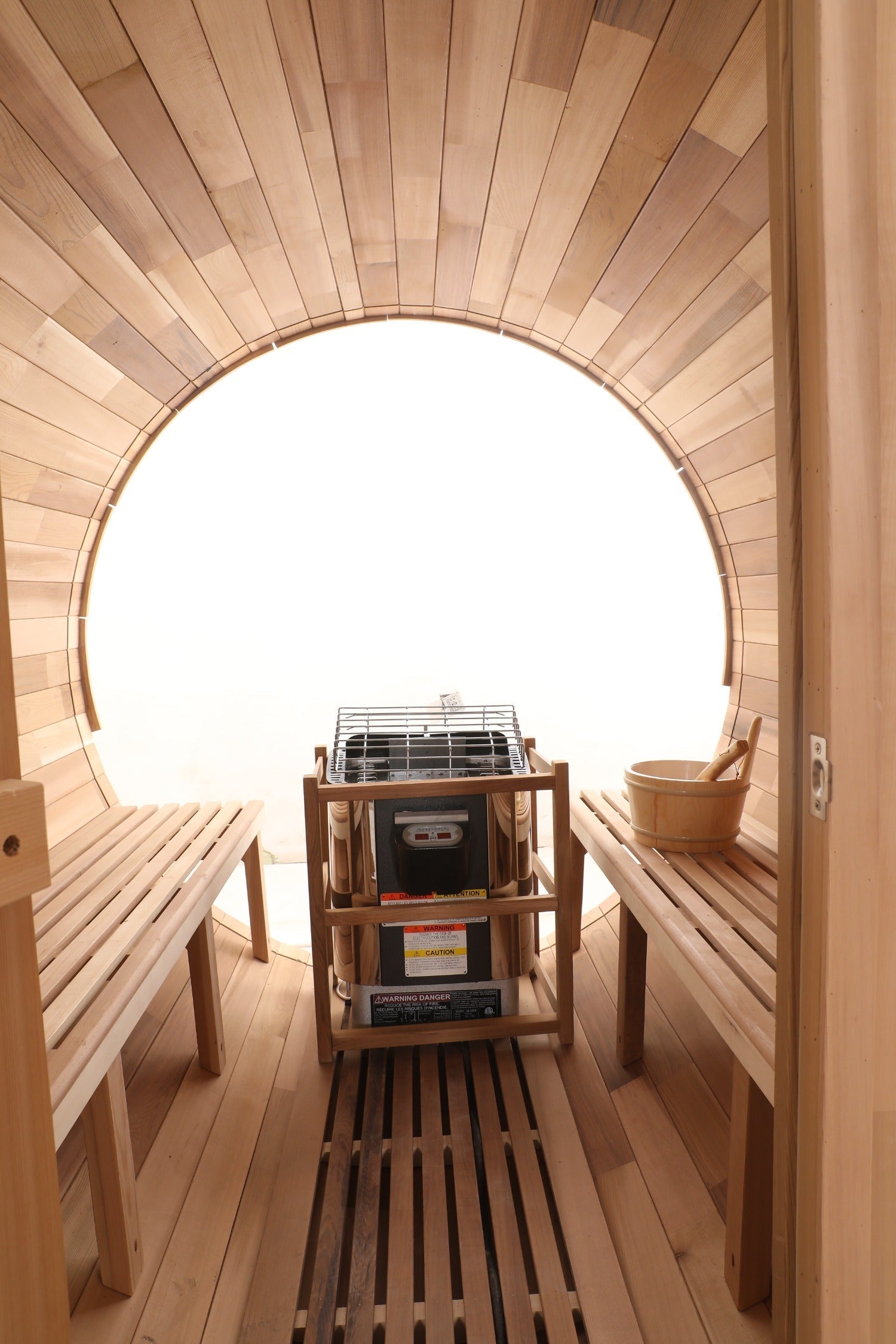 Blisspod Prague 2-6 Person Cedar Outdoor Barrel Sauna with Glass Back and Porch