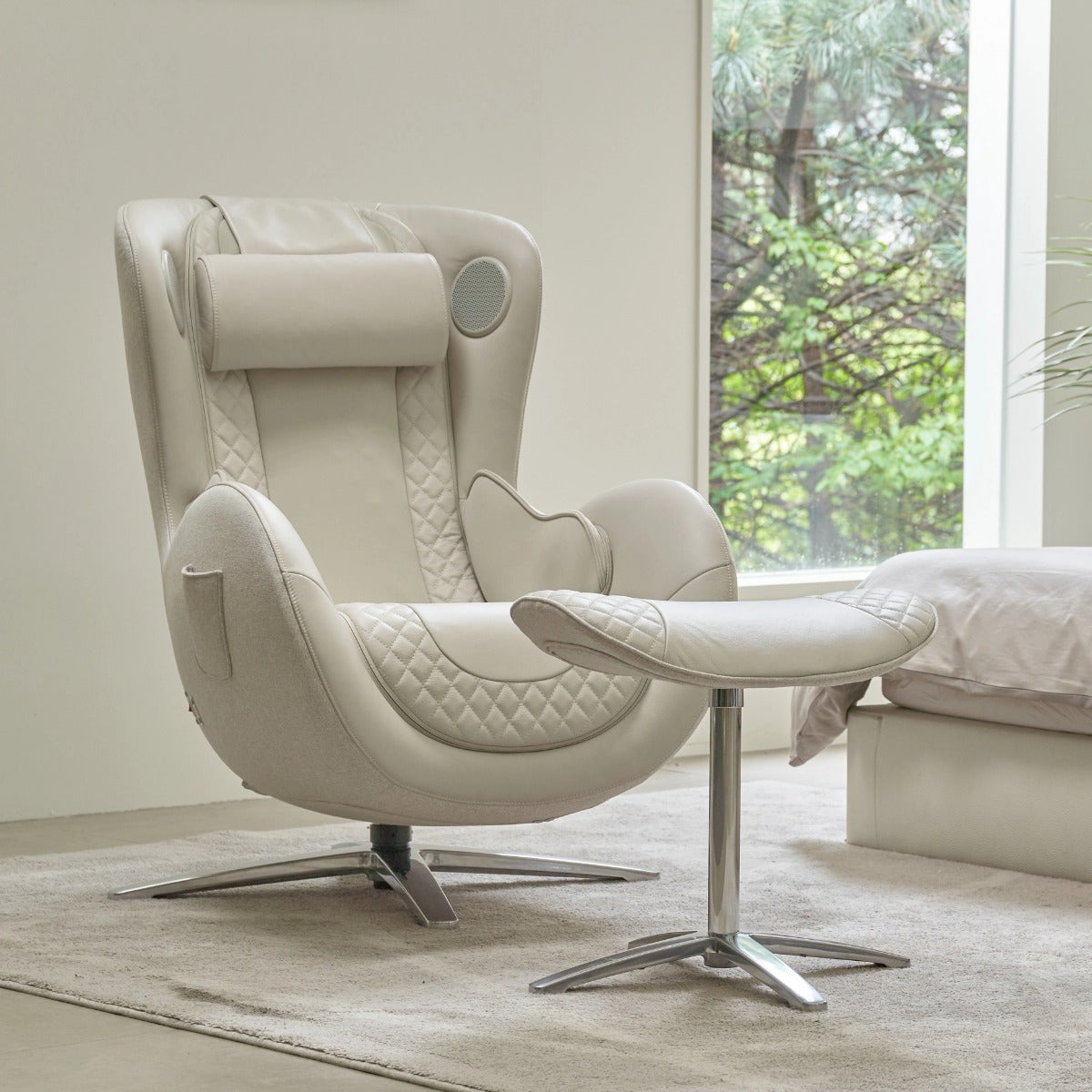 Nouhaus New Classic massage chair in Elder White, front three-quarter view