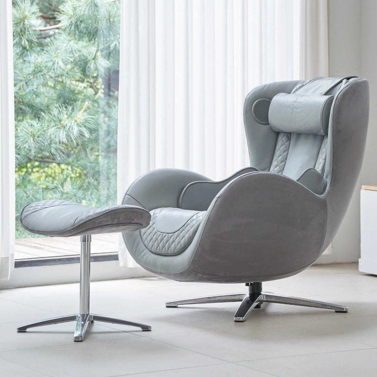 Nouhaus New Classic massage chair in Ash Grey, side three-quarter view