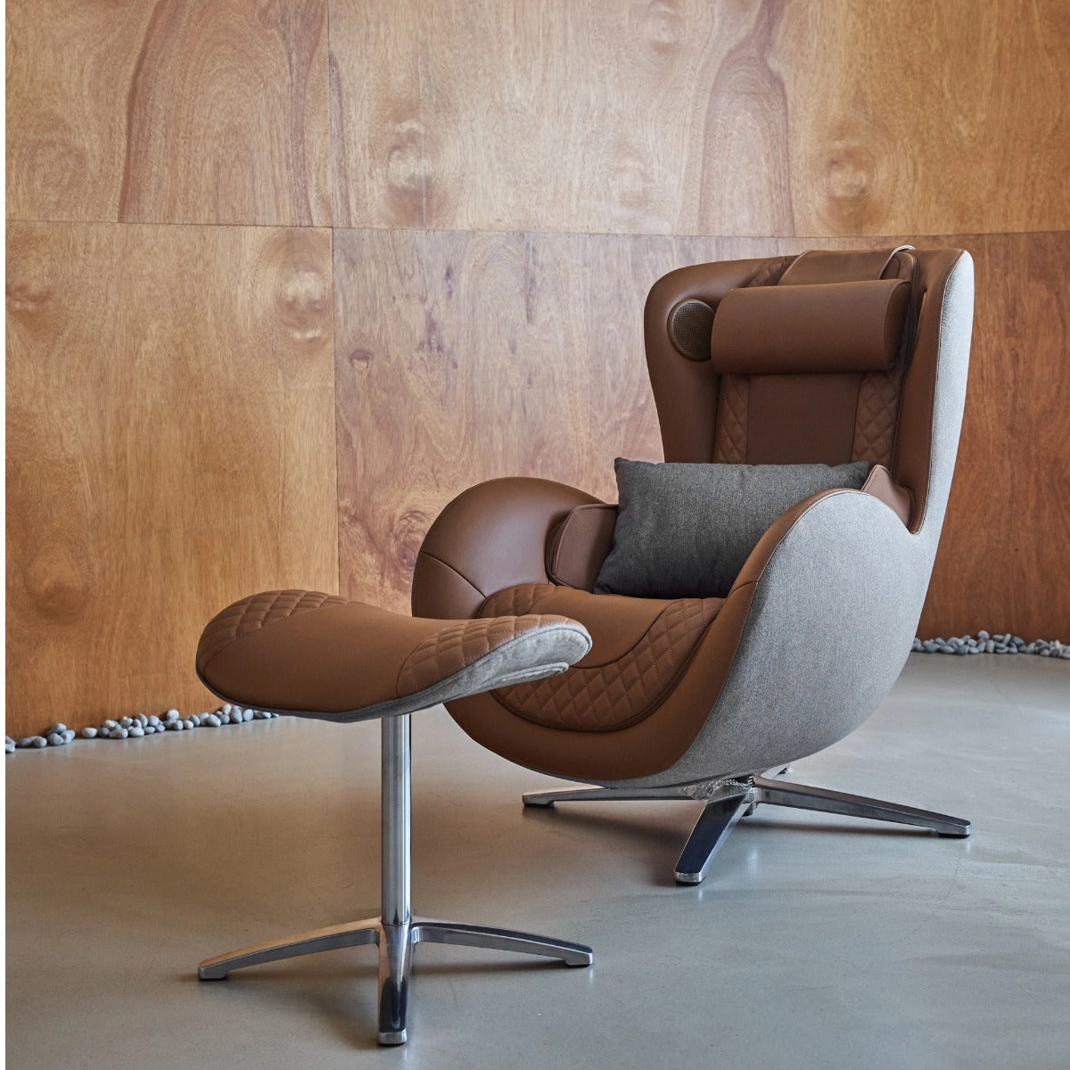 Nouhaus New Classic massage chair in Dark Caramel, front three-quarter view