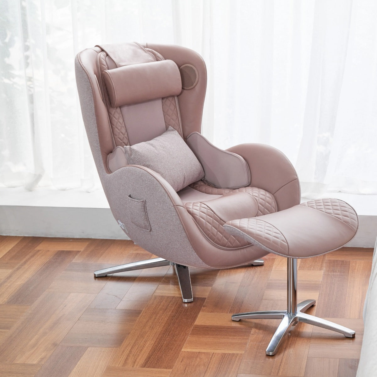 Nouhaus New Classic massage chair in Pale Rose, front three-quarter view